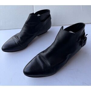 Nine 9 West Black Leather Pointy Toe Buckle Closure Block Heel Ankle Booties 8.5